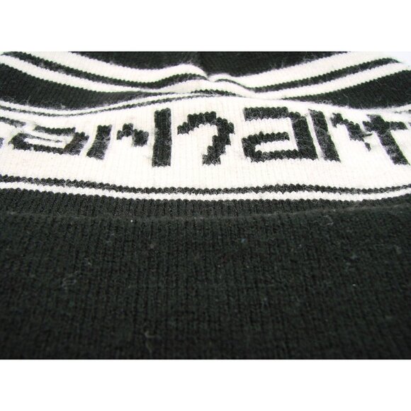 Carhartt Black White Knit Beanie Hat Striped Pom Pom Cuffed Logo One Size Unisex - Picture 4 of 10